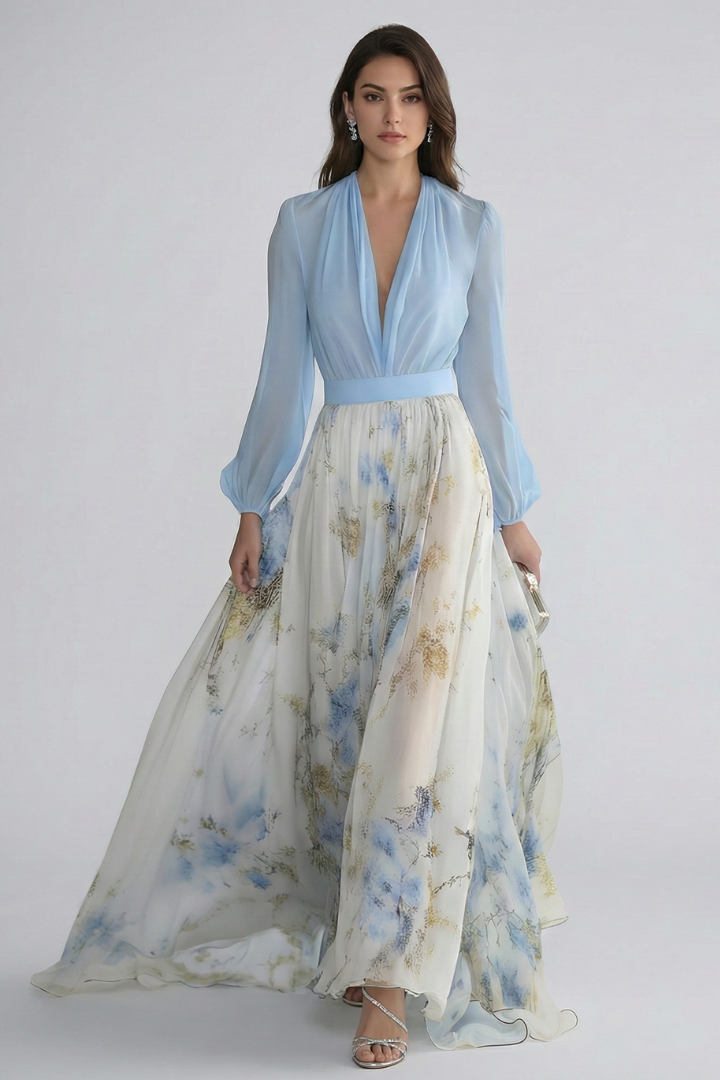 Myrielle | Elegant Flowing Wedding Guest Dress with  Long Sleeves and Gathered Waist