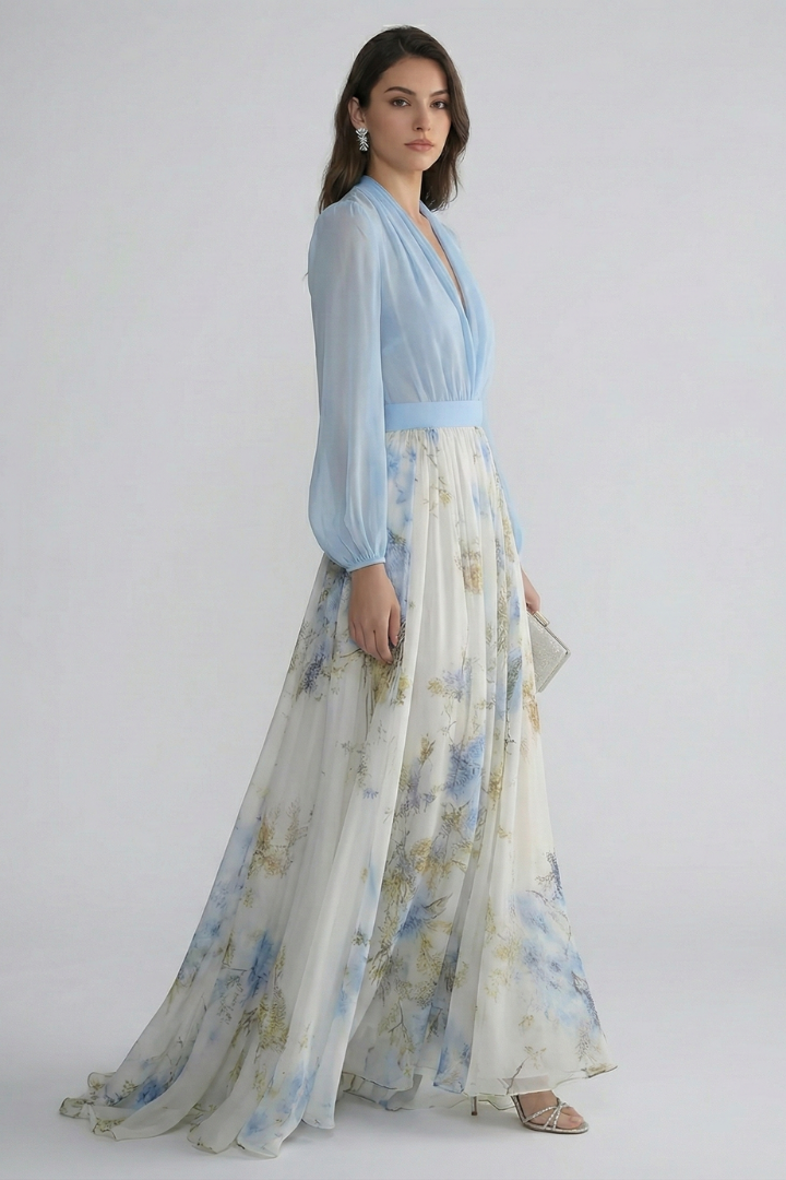 Myrielle | Elegant Flowing Wedding Guest Dress with  Long Sleeves and Gathered Waist