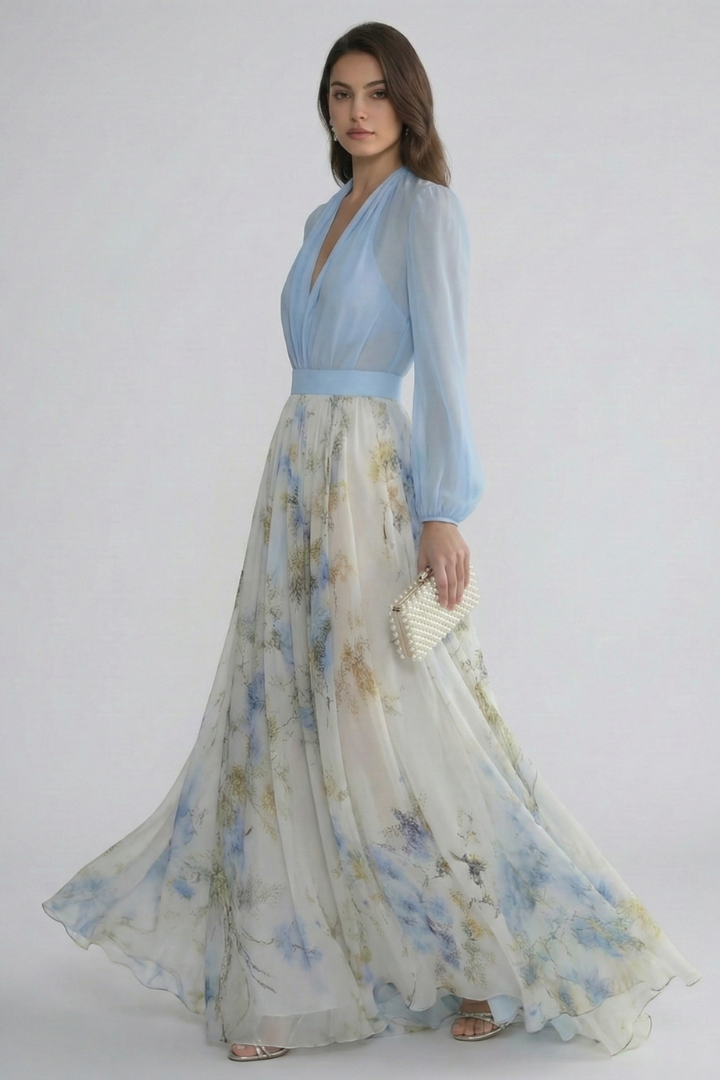 Myrielle | Elegant Flowing Wedding Guest Dress with  Long Sleeves and Gathered Waist