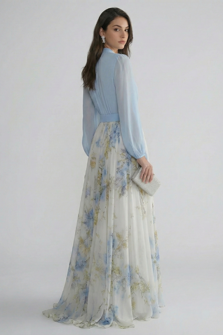 Myrielle | Elegant Flowing Wedding Guest Dress with  Long Sleeves and Gathered Waist