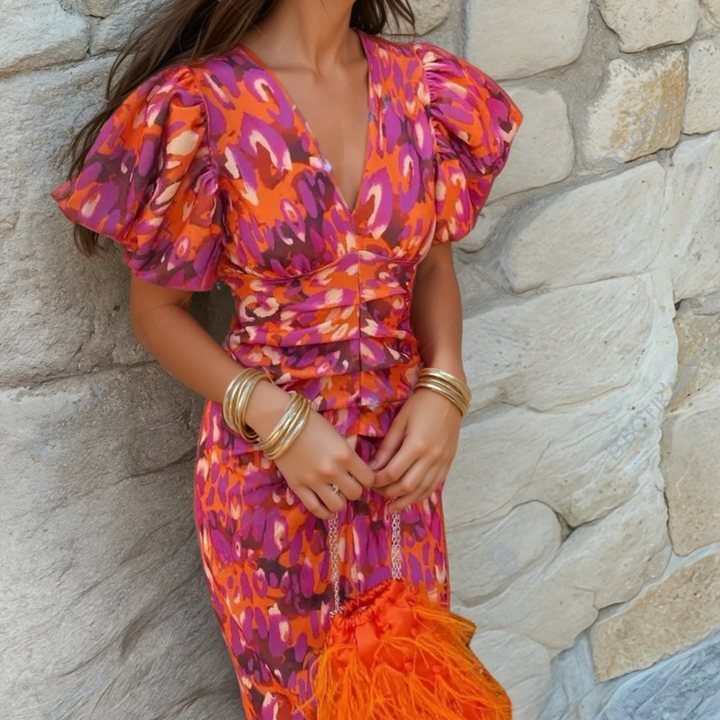 Vibrant women’s dress with a flattering waist, colourful print, and flowing silhouette for elegant everyday style.