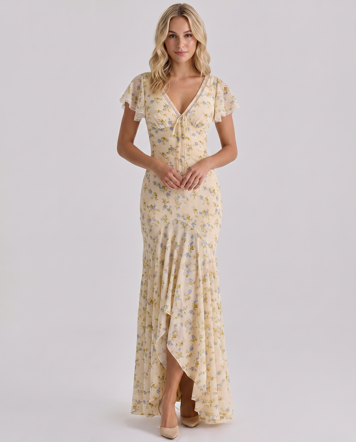 Woman wearing a V-neck floral maxi dress against a plain background.