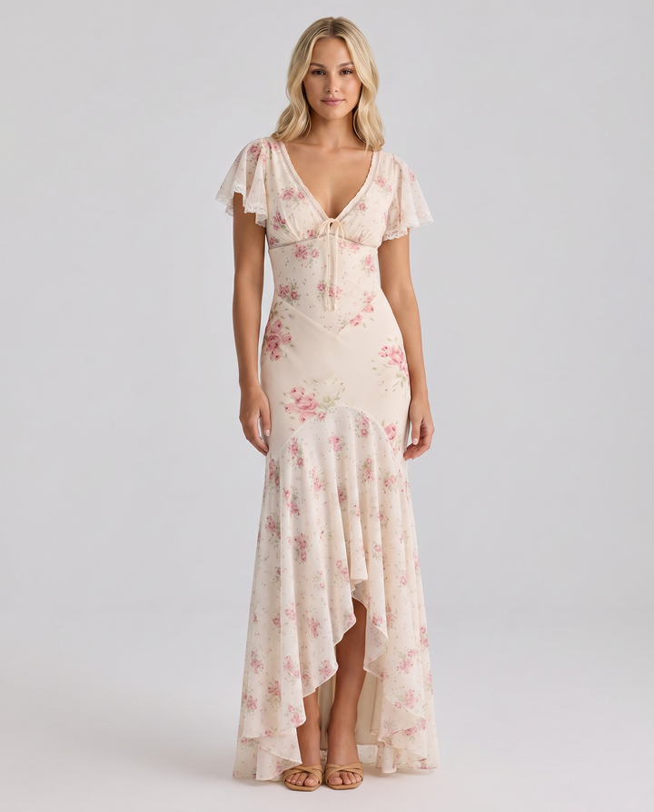 Female model wearing a floral maxi dress on a plain background.