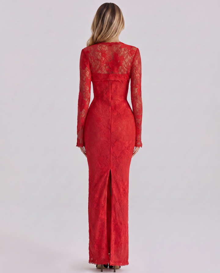 Female model in a structured bodice maxi dress with sheer lace sleeves on a plain background.