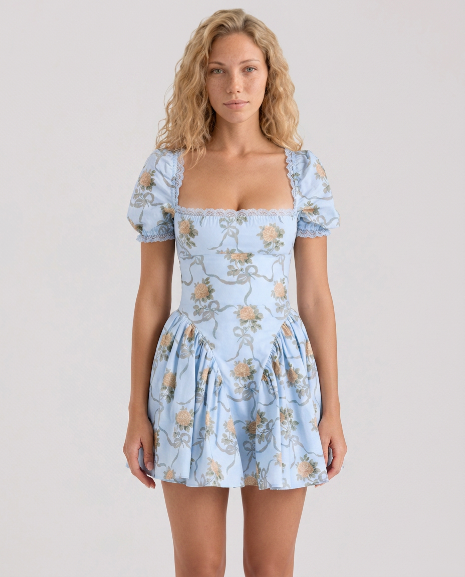 Woman wearing a blue floral mini dress with puff sleeves on a plain background.