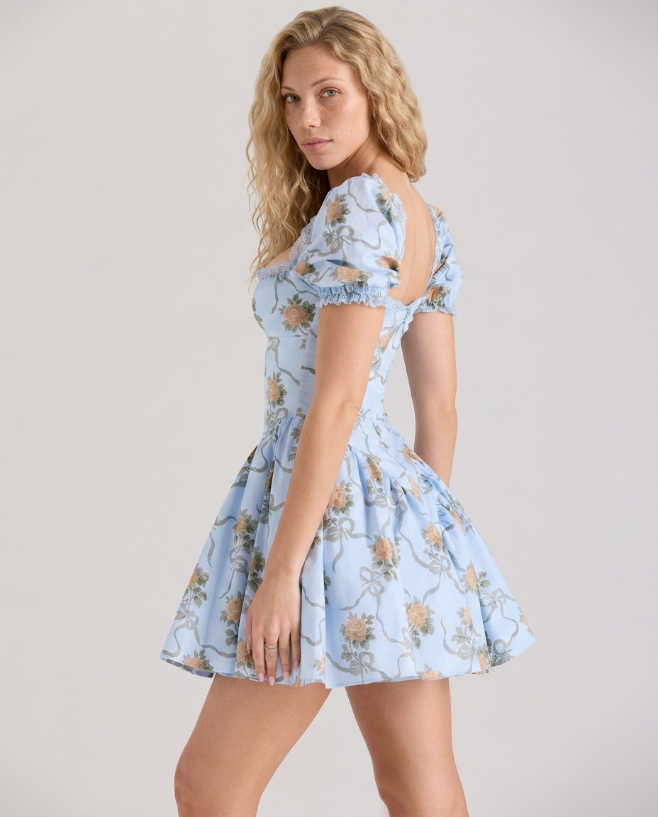 Female model in a yellow floral mini dress with a square neckline on a plain background.
