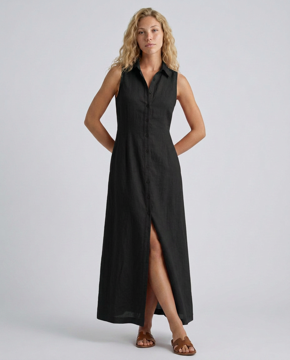 Woman wearing a sleeveless maxi shirt dress on a plain background.