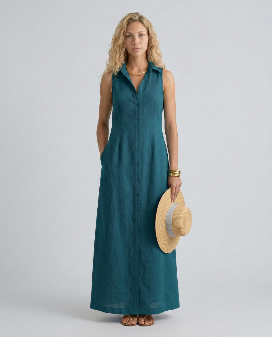  Woman showcasing a collared maxi dress styled for warm-weather wear on a plain background.