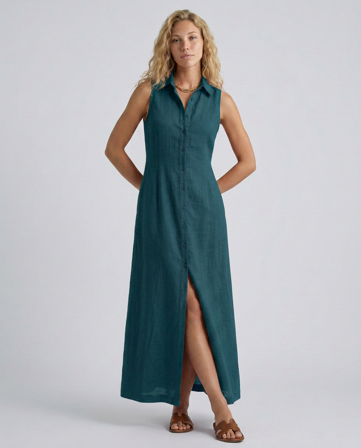  Female displaying a smart-casual maxi dress with a structured collar on a plain background.