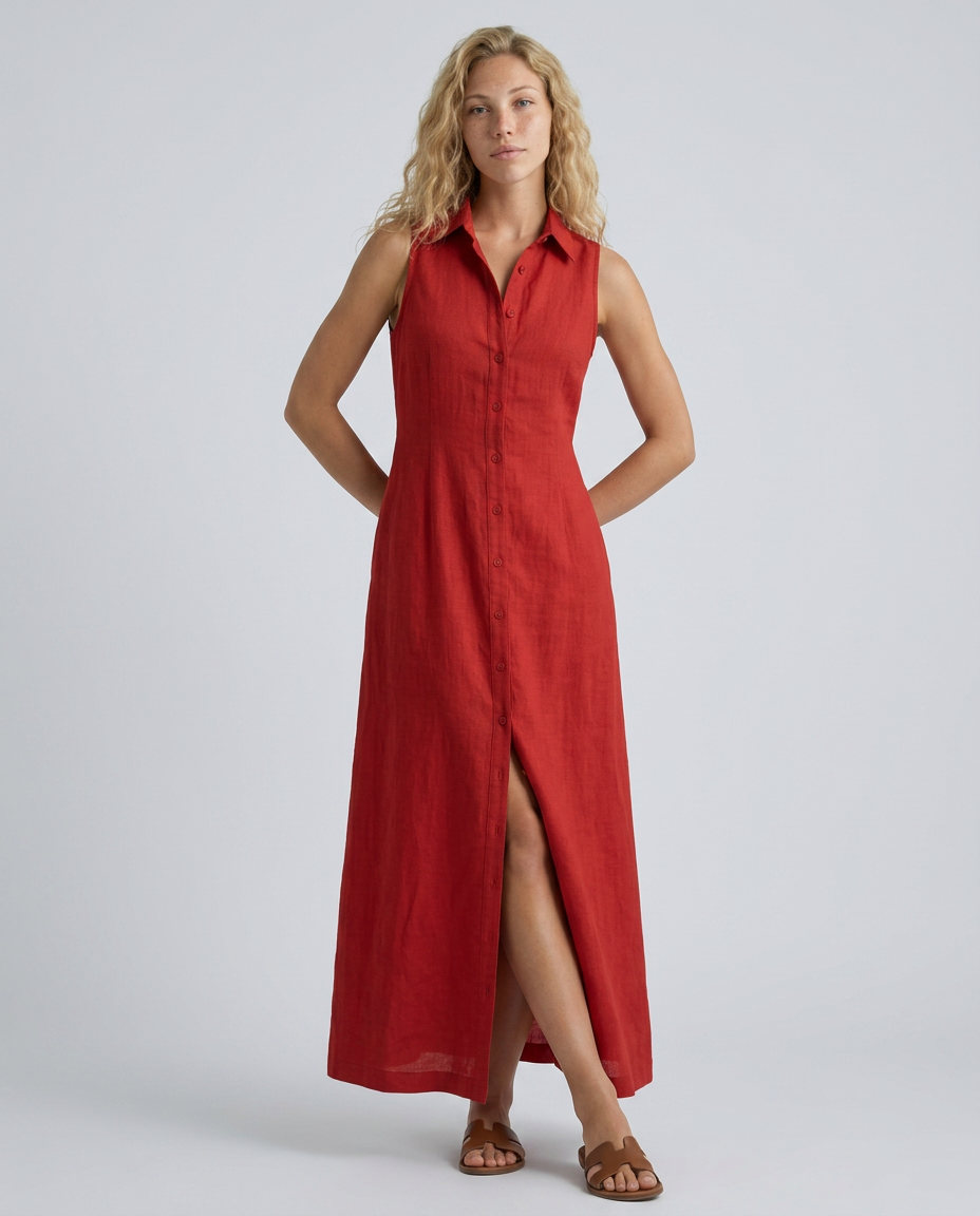 Model presenting a flowing maxi dress with button detailing on a plain background.