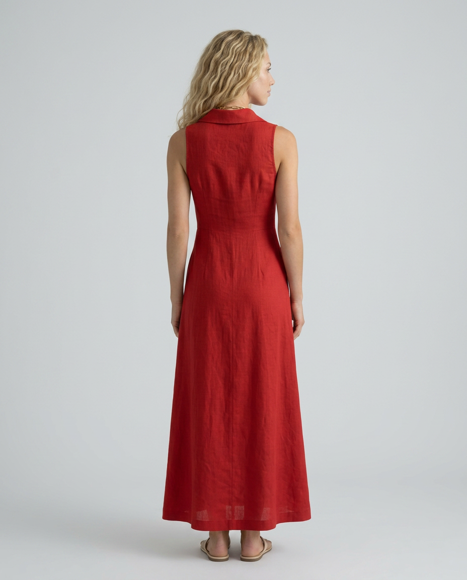  Woman wearing a versatile sleeveless dress with a tailored shape on a plain background.