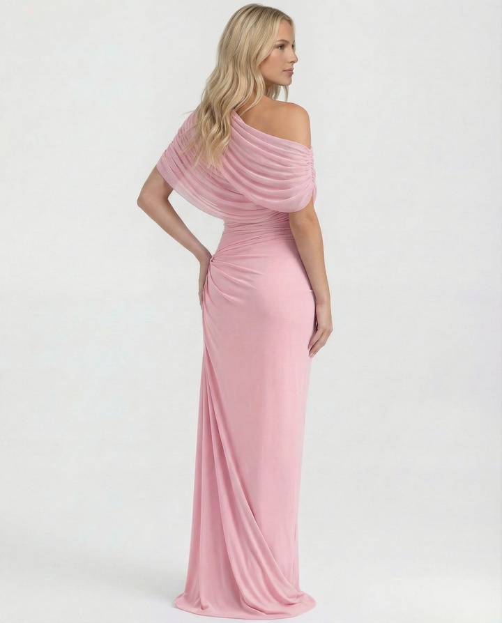 Model in a draped neckline bridesmaid dress against a plain background.