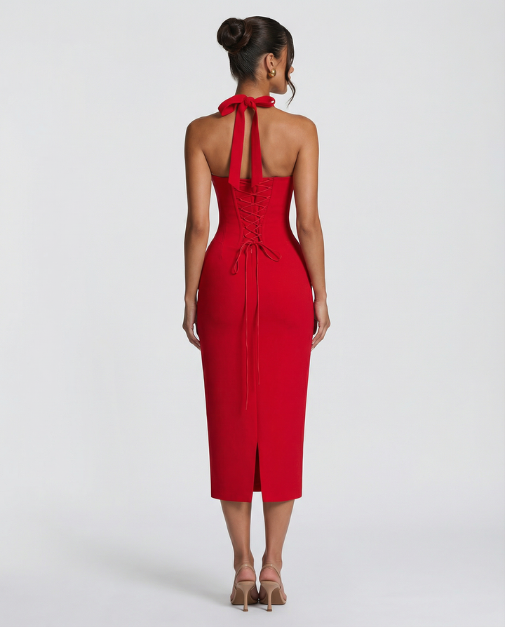 Woman showcasing a lightweight midi dress with elegant draping.