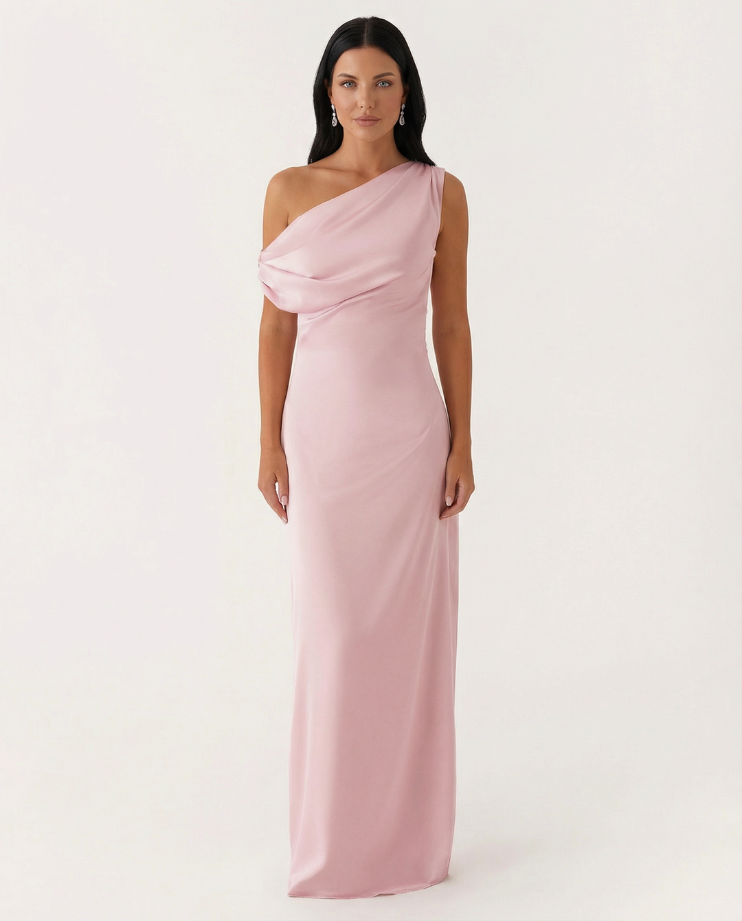 Female model wearing a one-shoulder satin maxi dress on a plain background.