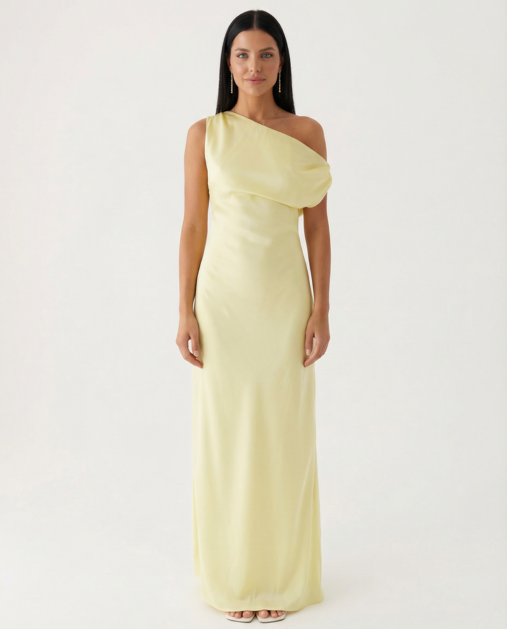 Woman wearing a fitted waist satin maxi dress on a plain background.