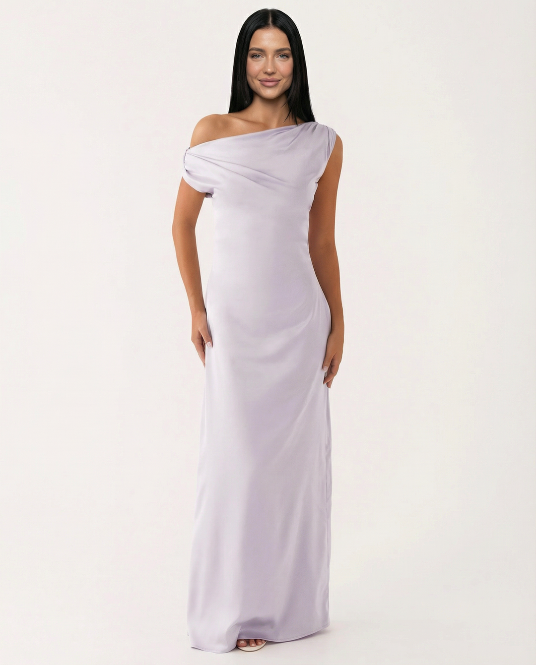 Female model wearing a smooth satin evening maxi dress on a plain background.