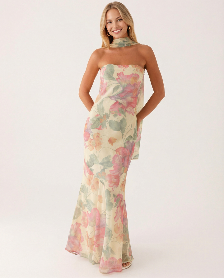 Woman styled in a long floral dress with a matching neck scarf.