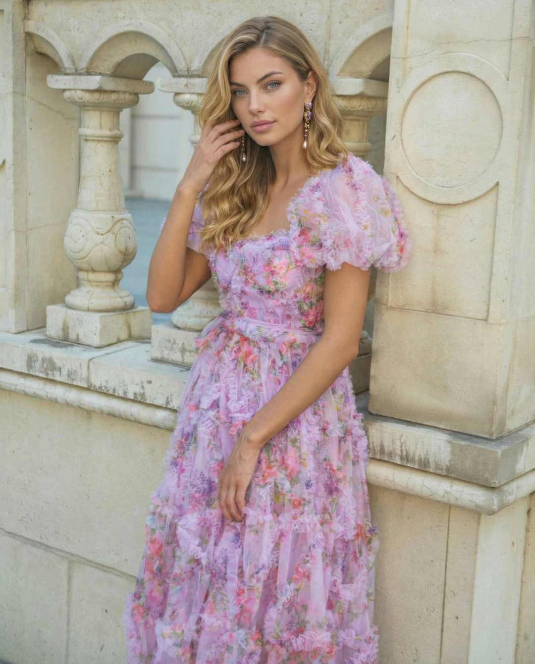 Model wearing a blue floral maxi dress with puff sleeves and waist tie detail.