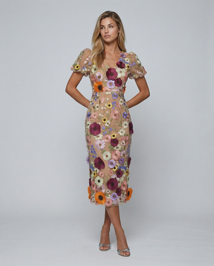 Female model wearing a floral embroidered midi dress on a plain background.