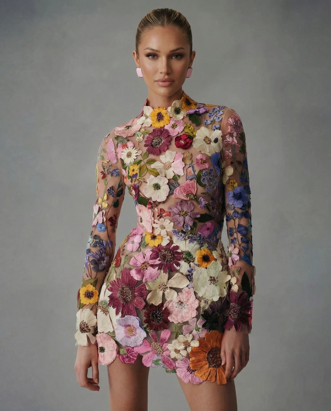 Female model in a floral embroidered high neck dress on a plain background.