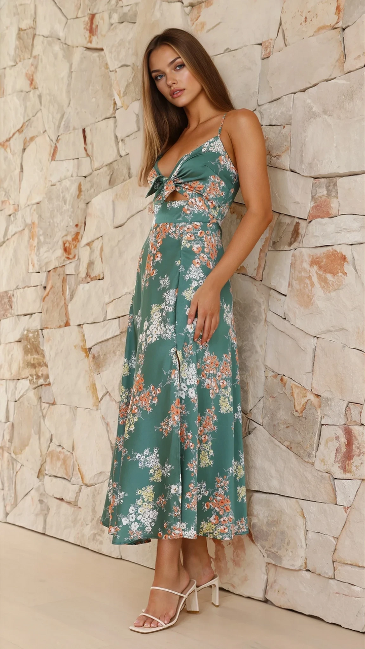 Female model in a green floral dress with cut-out bodice detail on a plain background.
