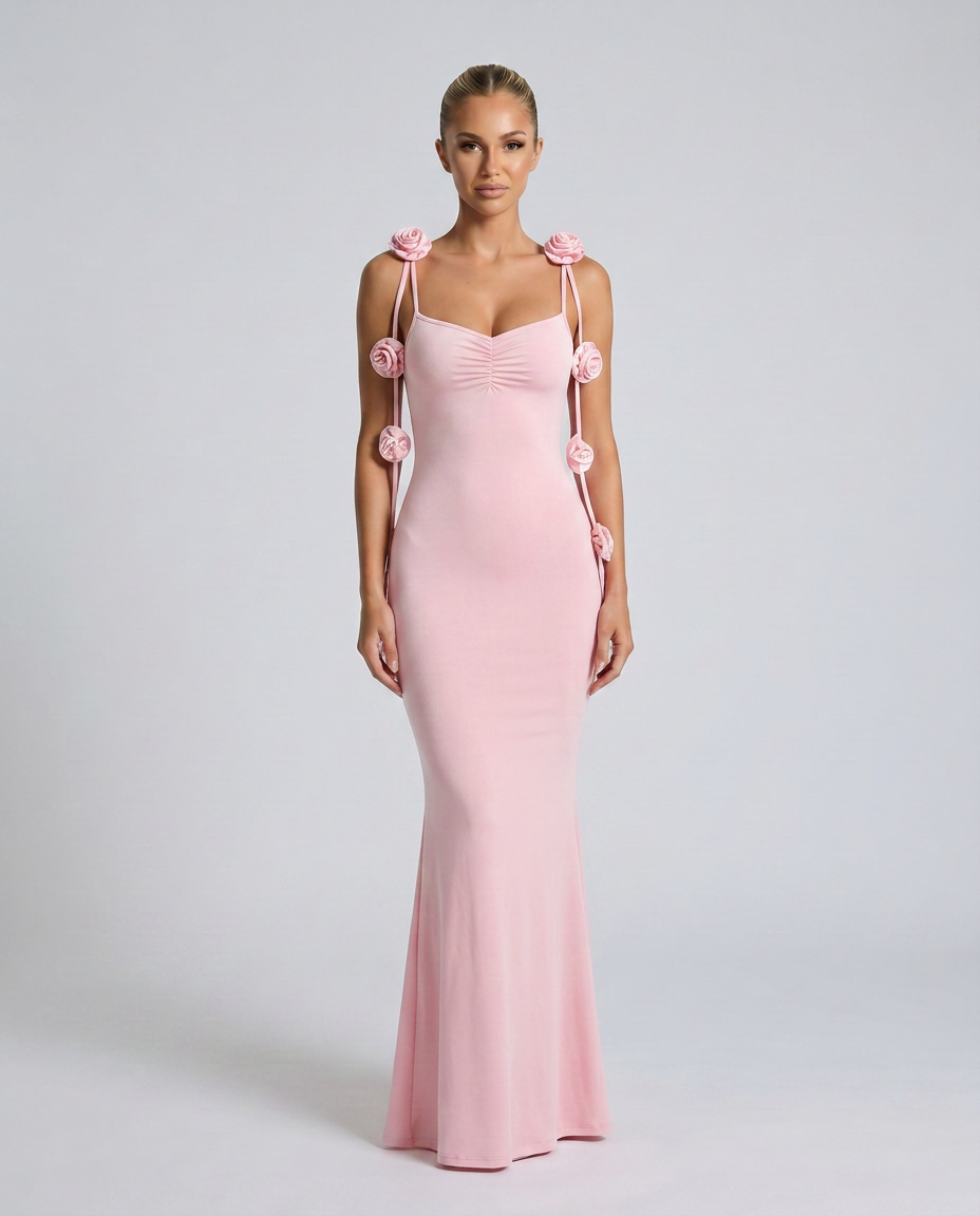 Female model in a gown with thin straps and an open back design.