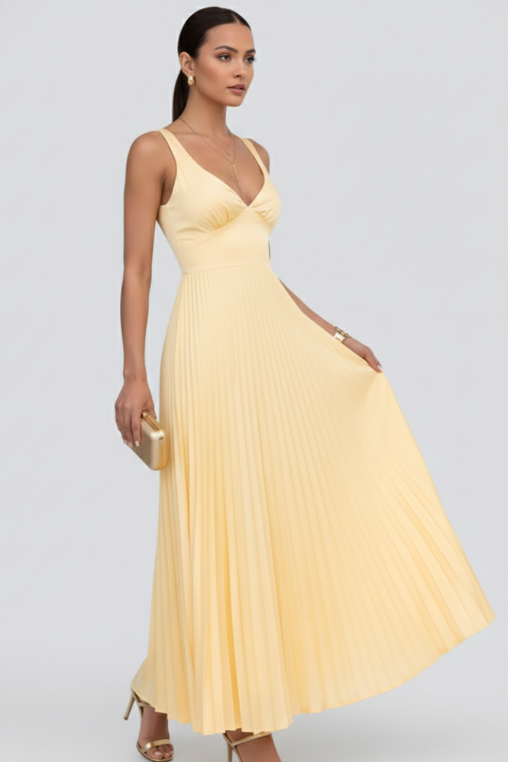 Full length pleated evening dress front angle side shot