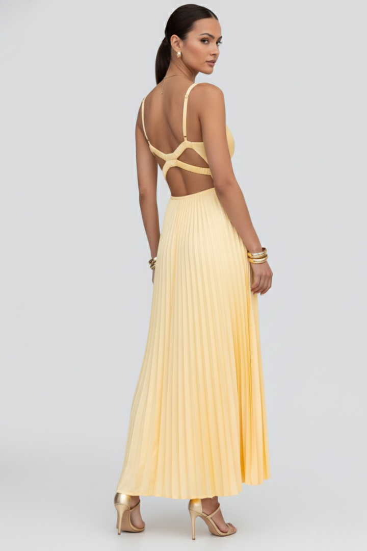 Back angle pose model wearing long pastel dress with pleats