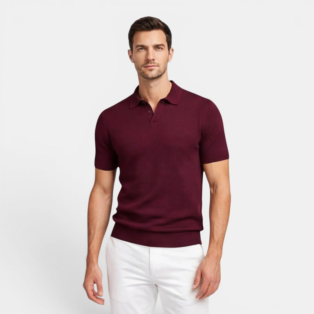  Model wearing a smart casual knit polo shirt with a neat front design.