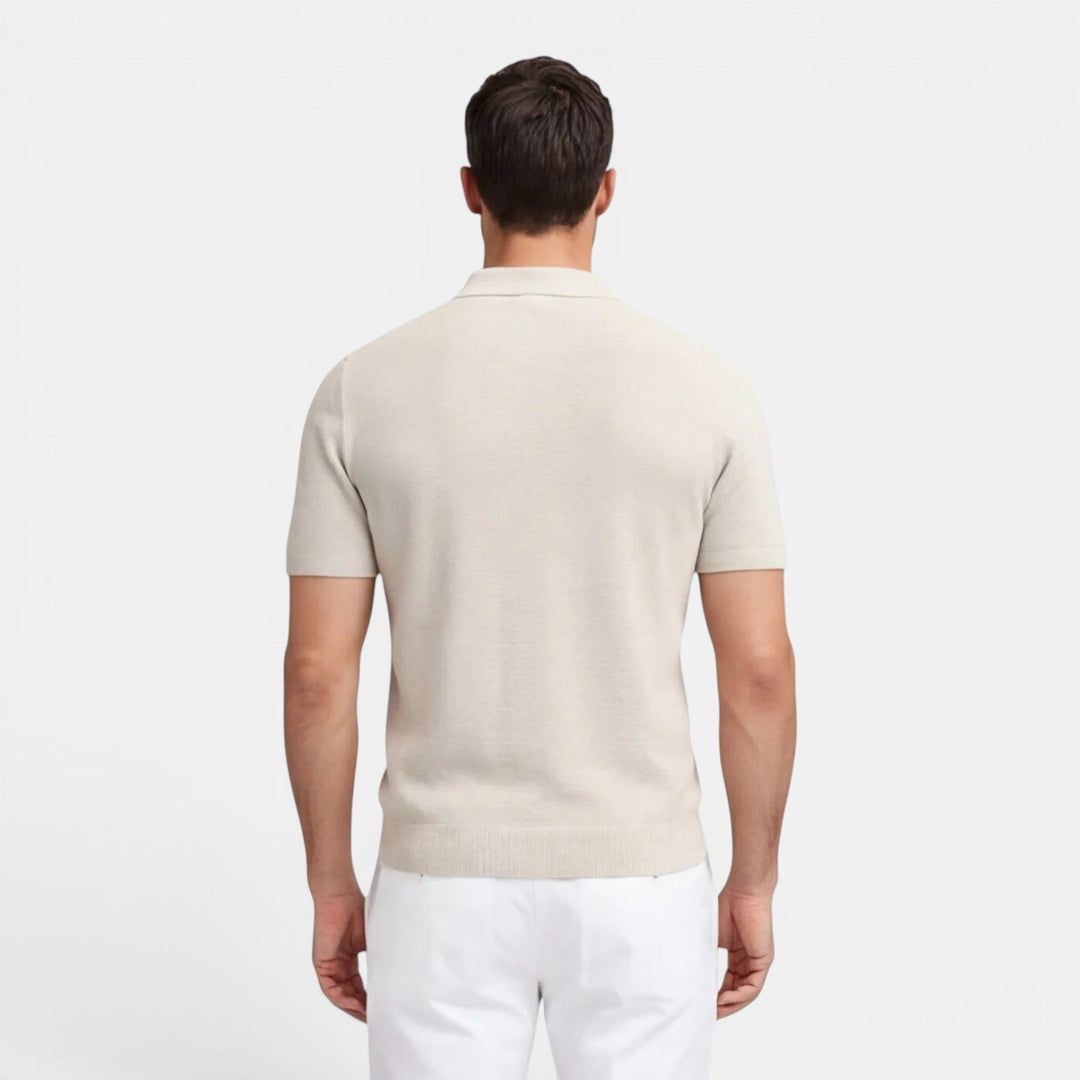  Model in a summer knit polo shirt displayed on a plain background.