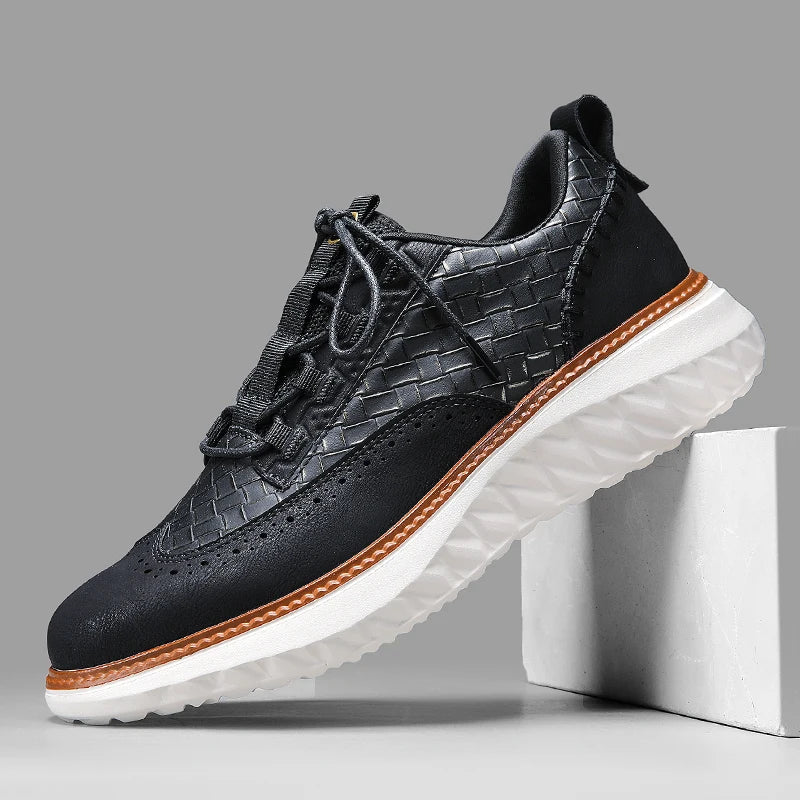 Modern men’s walking sneakers in a plain setting.