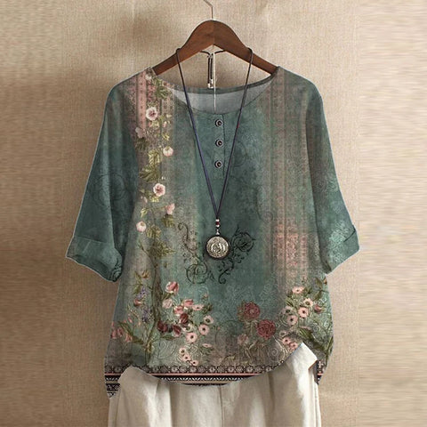 Retro-inspired women’s blouse displayed unworn on a clean background with elegant vintage detailing.