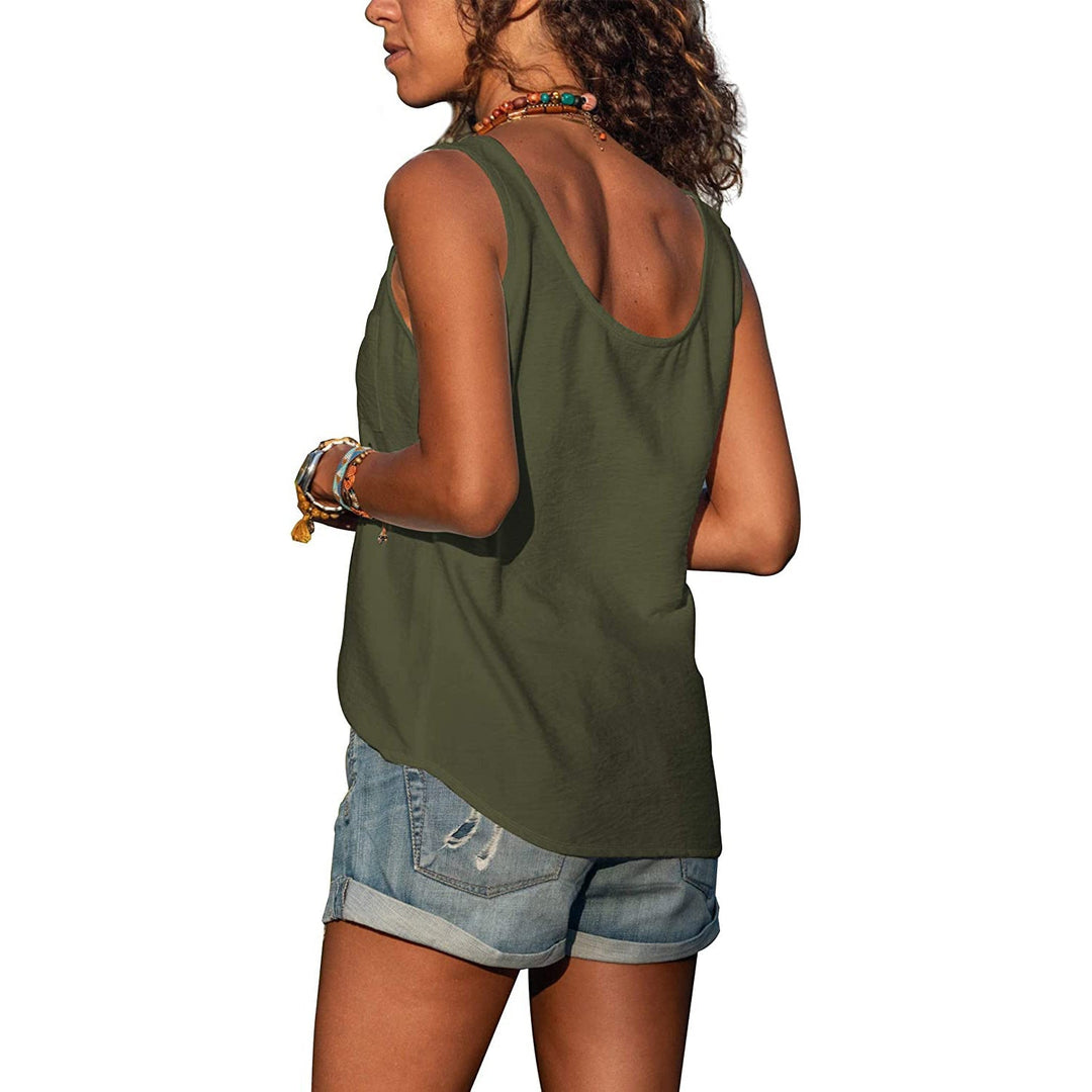 Woman model wearing modern sleeveless top, full body, plain background.