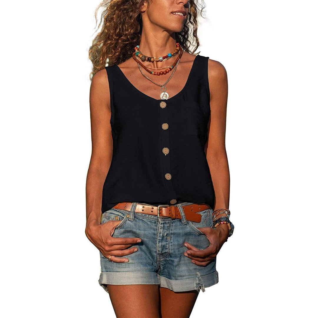 Woman model in sleeveless top, natural pose, plain background.