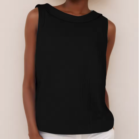 Chic roll collar sleeveless blouse shown on a person in a clean background scene.
