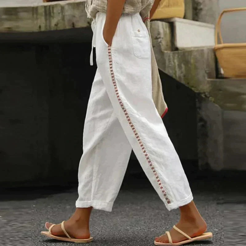 Woman wearing wide-leg drawstring trousers 