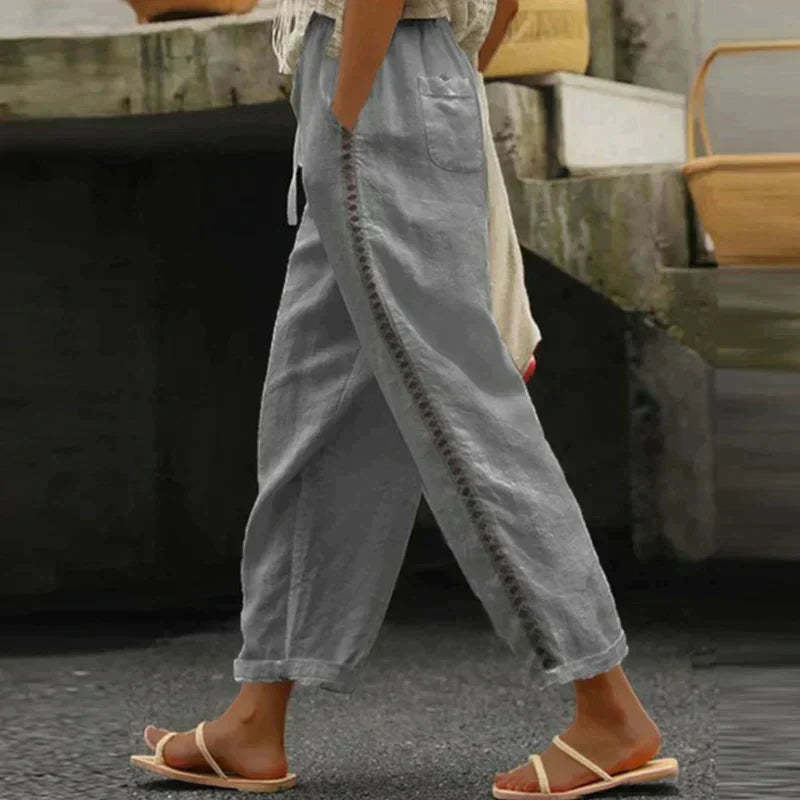 Female model styling relaxed wide-leg trousers 