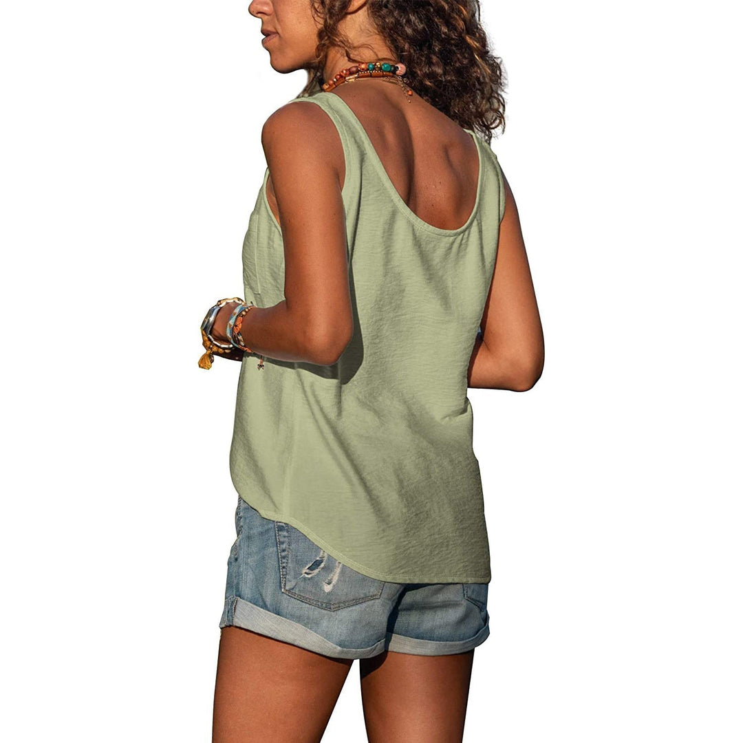 Woman model wearing refined sleeveless top, side back angle, plain background.