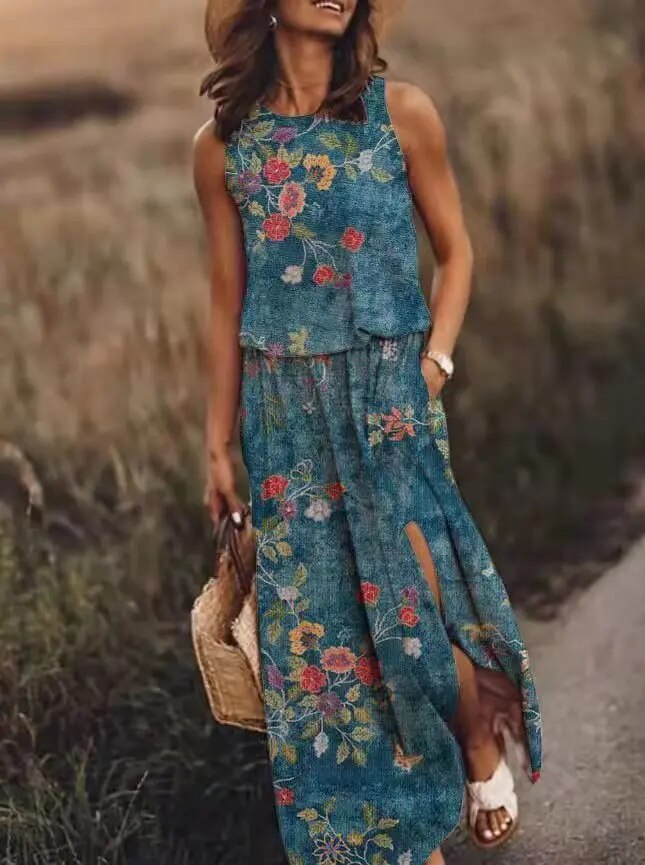 Woman wearing a relaxed fit maxi dress with elastic waist on a plain background.