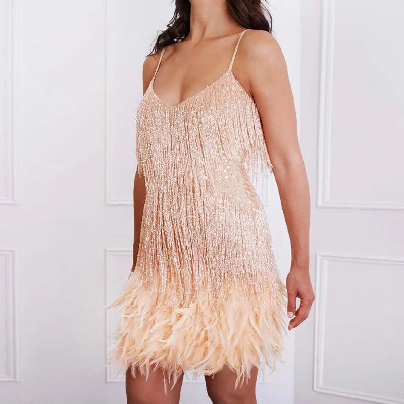 Woman wearing a glamorous sleeveless dress designed for formal events and parties.
