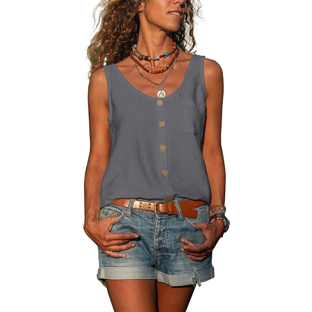 Woman model wearing elegant sleeveless top, front view, plain background.