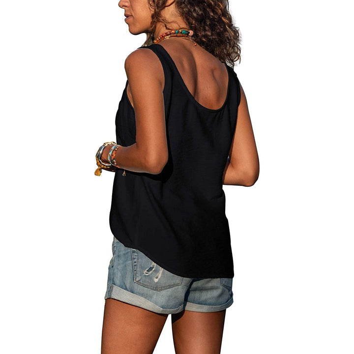 Woman model wearing sleeveless top, back angle view, plain background.