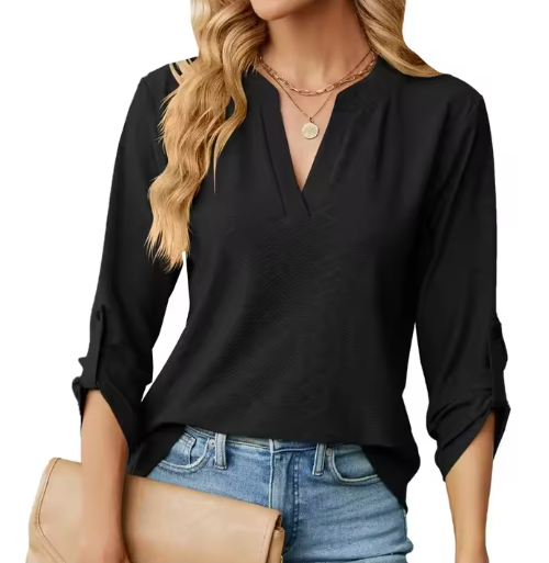Flattering women’s blouse displayed on a wearer with a clean background.