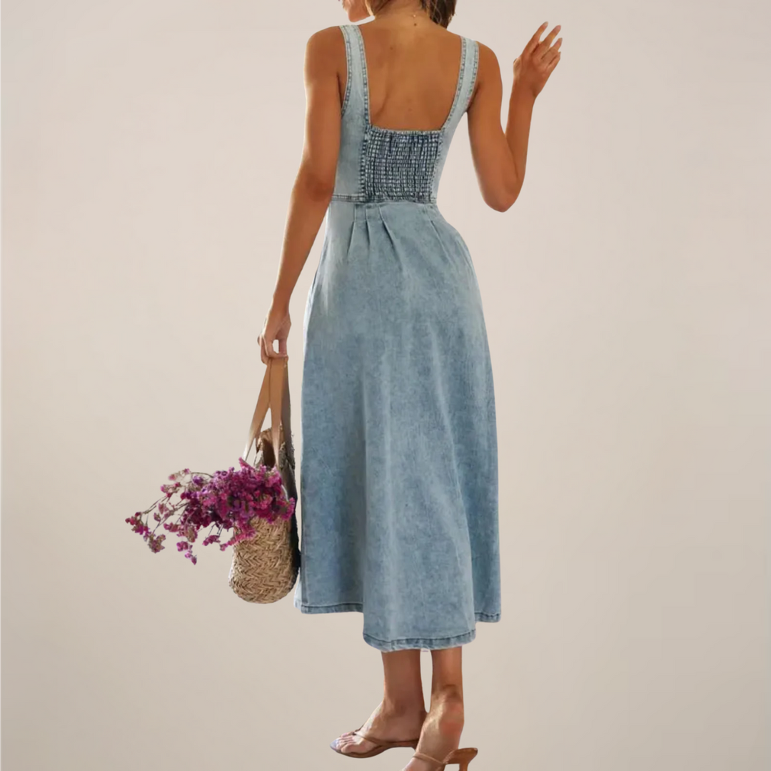 Woman posing in a sleeveless midi dress with front button details on a plain background.