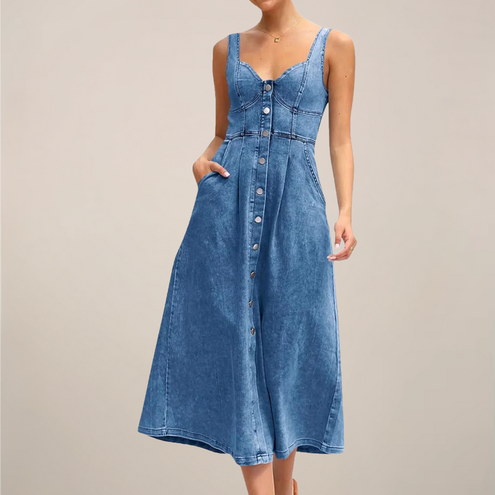 Female wearing a sleeveless button-front midi dress on a plain background.