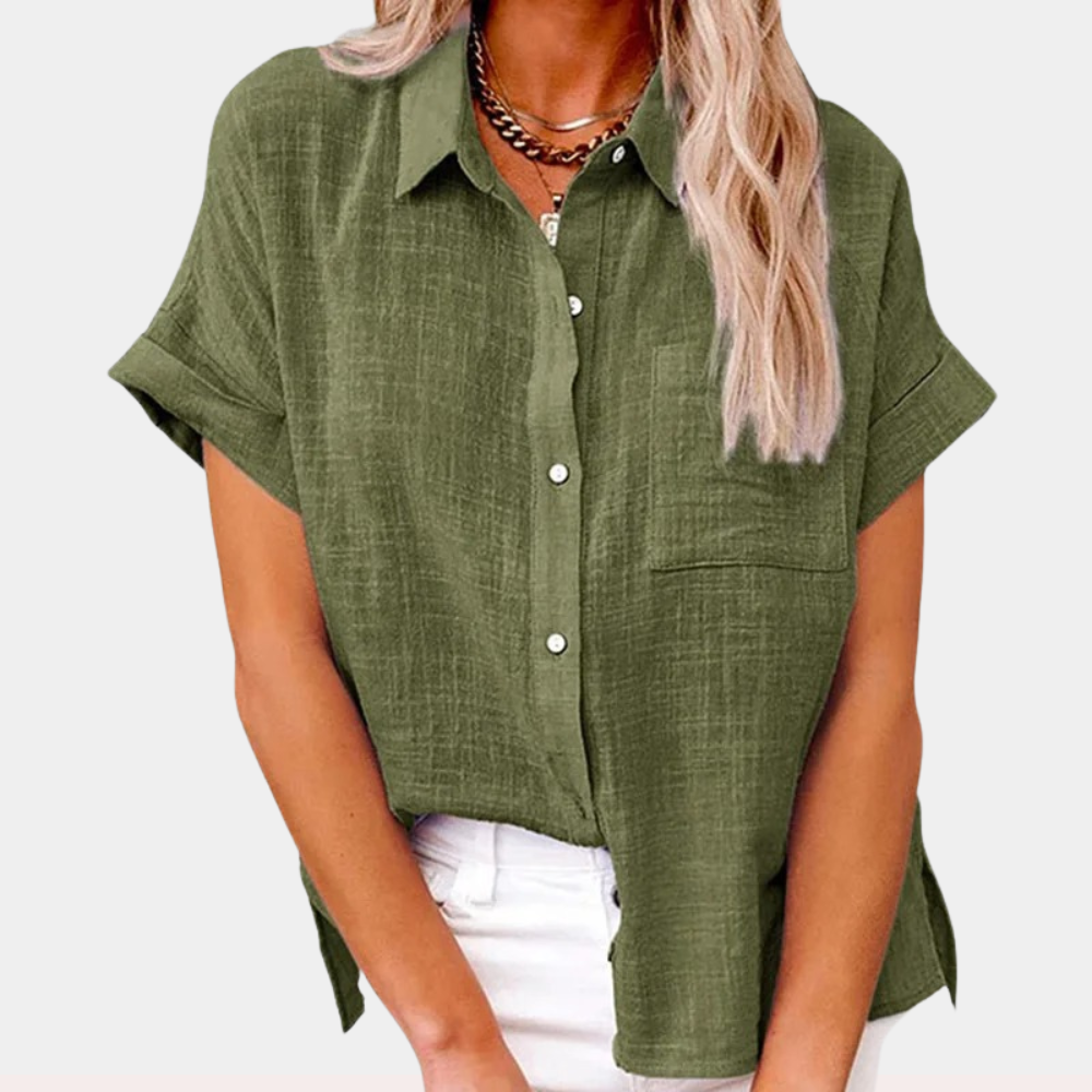 Female figure wearing a soft breathable shirt against a plain background.