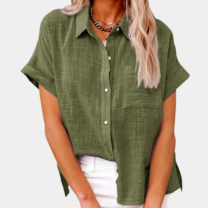 Female figure wearing a soft breathable shirt against a plain background.