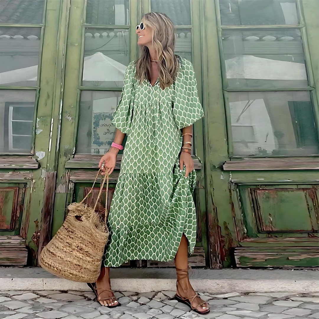 A bold printed dress with a high-low hemline for dinners and gatherings.