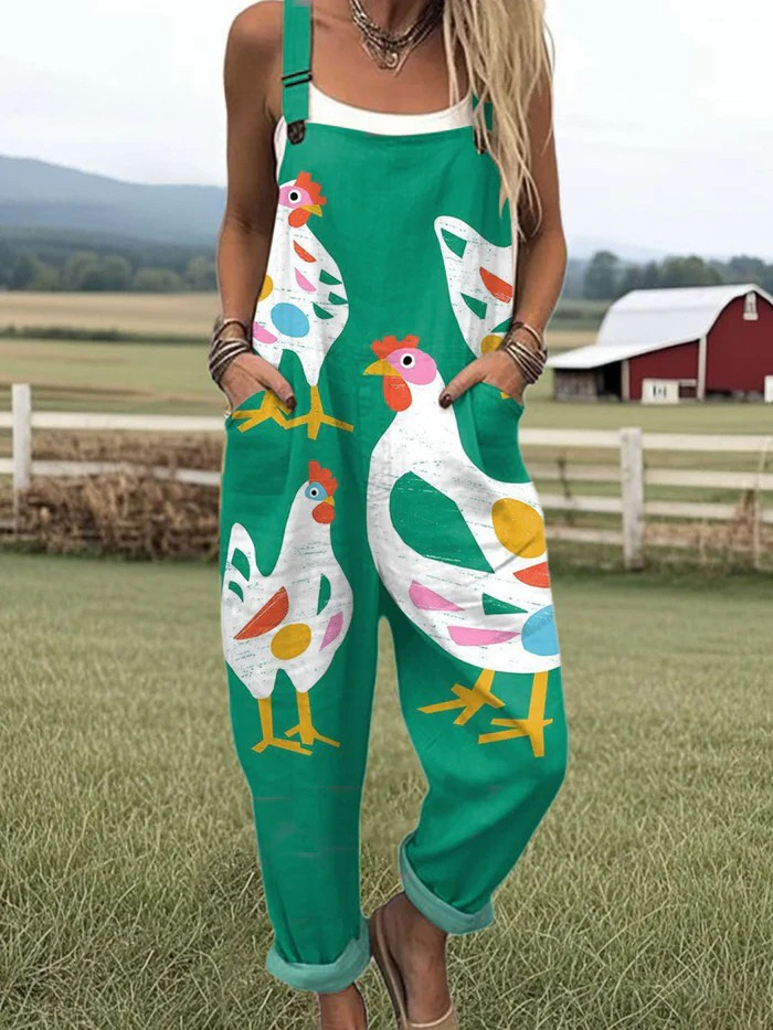 Female model wearing a nature-themed jumpsuit with a flattering relaxed silhouette.