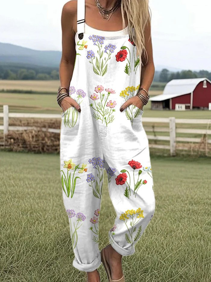 Female model wearing a floral wide-leg jumpsuit on a plain background.